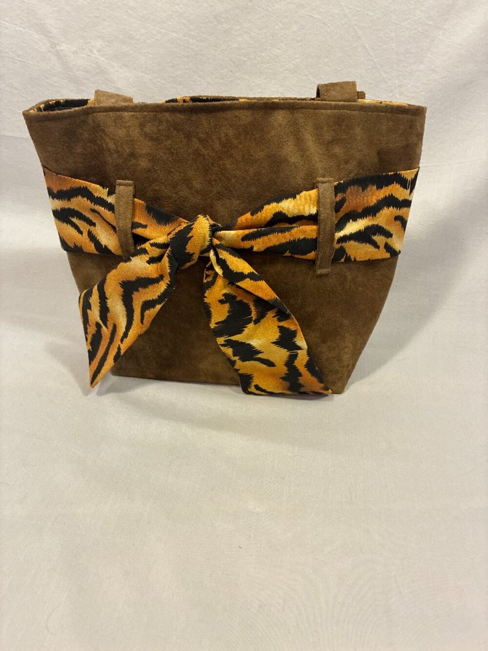 Vintage Y2K Brown Faux Suede Tiger Animal Print Scarf Bow Tote Bag Shoulder Bag